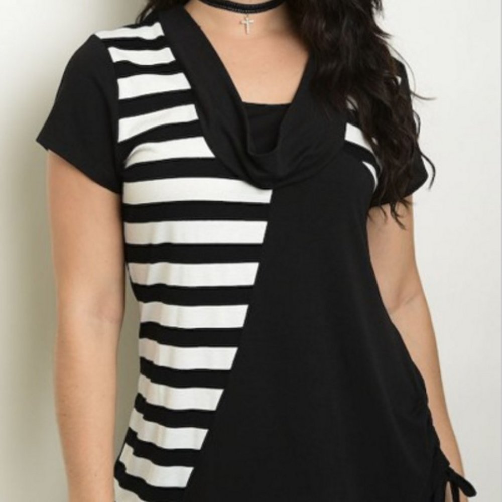 Striped Cowl Neck Knit Pullover - Plus Sized